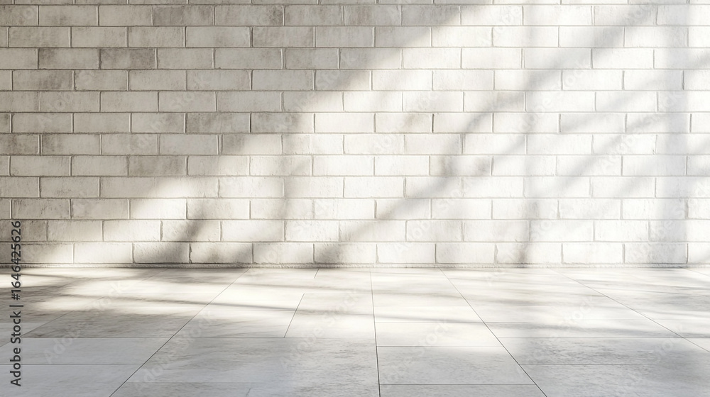 Fototapeta premium Sunlit white brick wall and tiled floor minimalist background