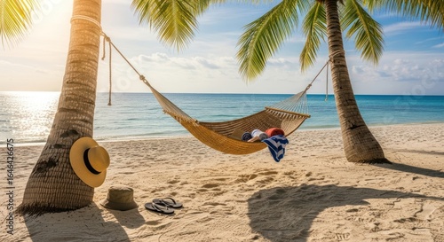 Empty Hammock on a Pristine Tropical Beach at Sunset with Calm Turquoise Waters
