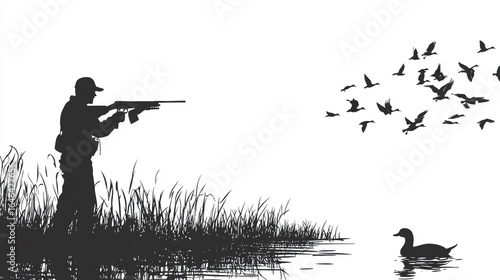 Hunter aiming shotgun at flock of birds flying over water