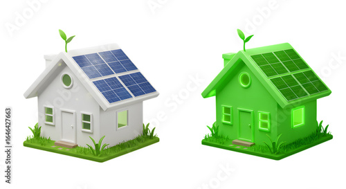 Two houses one white and one green with solar panels on the roof representing clean energy isolated on transparent background