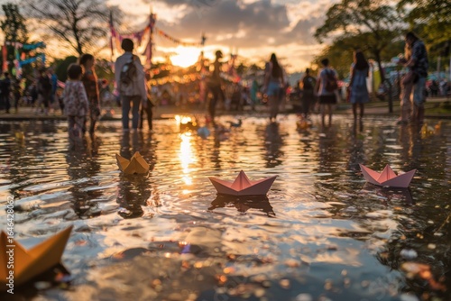 Children Playing with Paper Boats in a Flooded Park During Sunset Surrounded by People