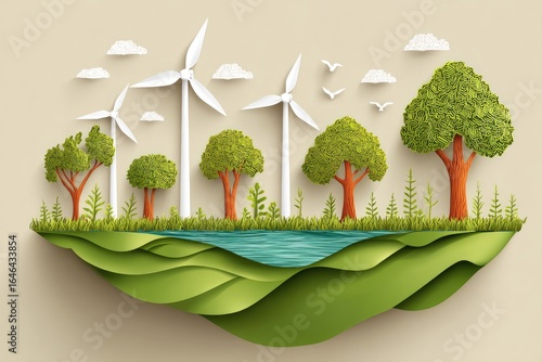 Paper art landscape, windmills, trees, water