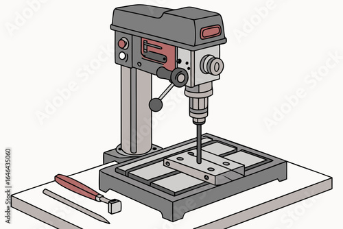 Bench drill press with workpiece and tools
