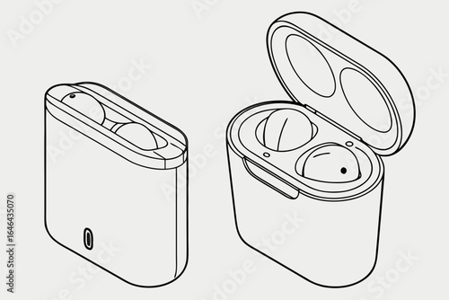 Line art illustration of wireless earbuds and charging case