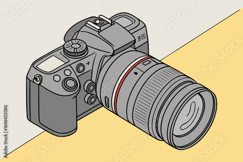 Modern dslr camera with a telephoto lens illustrated in isometric view