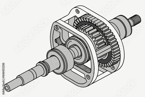 Detailed isometric view of a gearbox mechanism with bevel gears