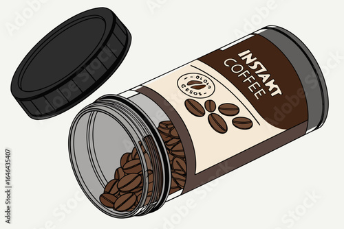 Open jar of instant coffee with scattered beans and lid
