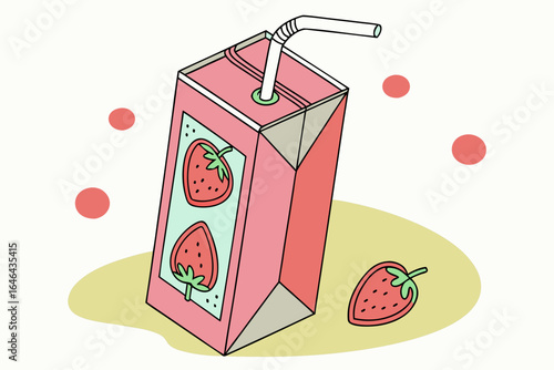 Cute strawberry juice box with a straw and scattered strawberries