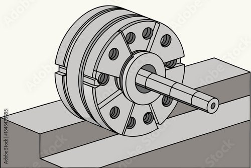 Lathe chuck gripping a metal rod on a machine bed