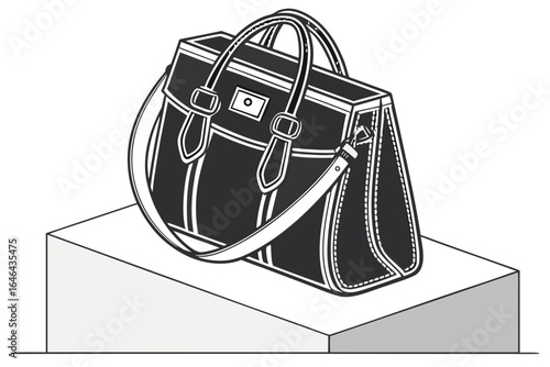Stylish black handbag with shoulder strap on pedestal