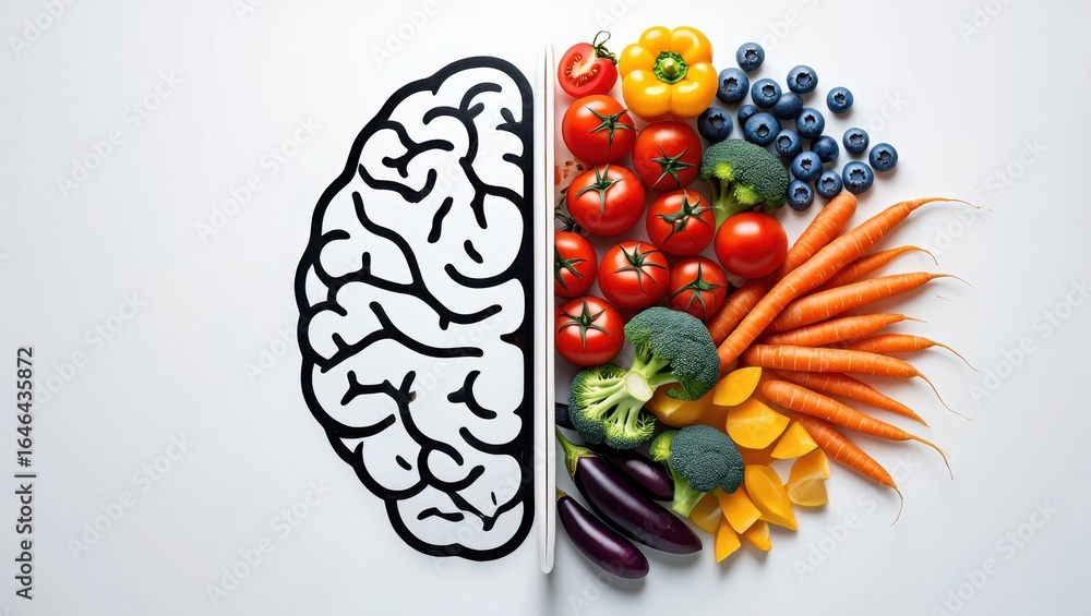 Fototapeta premium Healthy brain food concept with fruits and vegetables arranged as a brain half