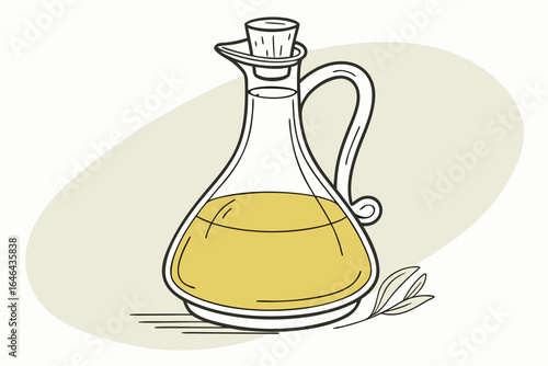 Hand drawn illustration of a glass bottle filled with golden oil and an olive branch