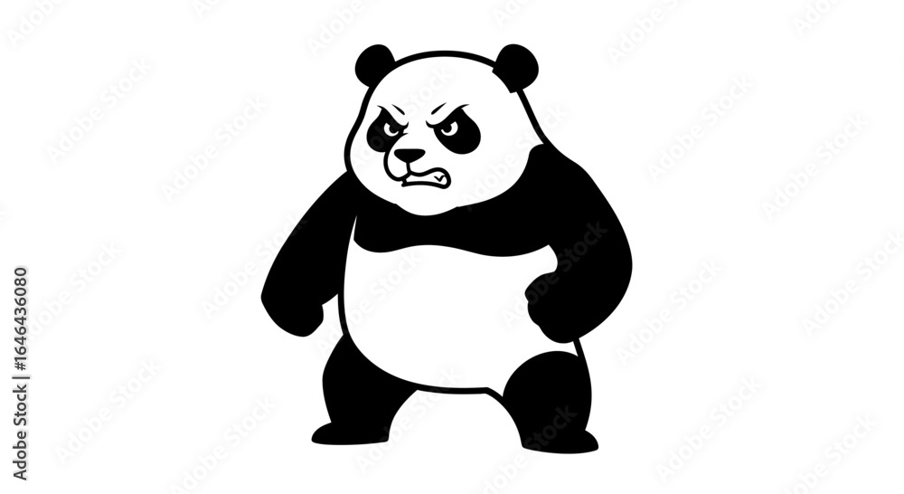 Fototapeta premium Intense and determined cartoon panda bear character stands with a fierce, angry expression, embodying a powerful and grumpy mascot design element.