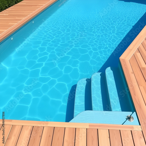 Modern fiberglass swimming pool with blue water, wooden deck of larch board. Steps to fresh water. Clean empty pool on hot summer day at yard or resort hotel spa area. Relaxing mood.