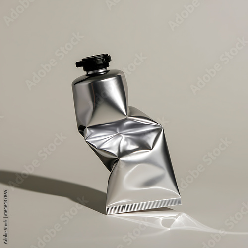Crinkled silver tube, a discarded beauty product.

