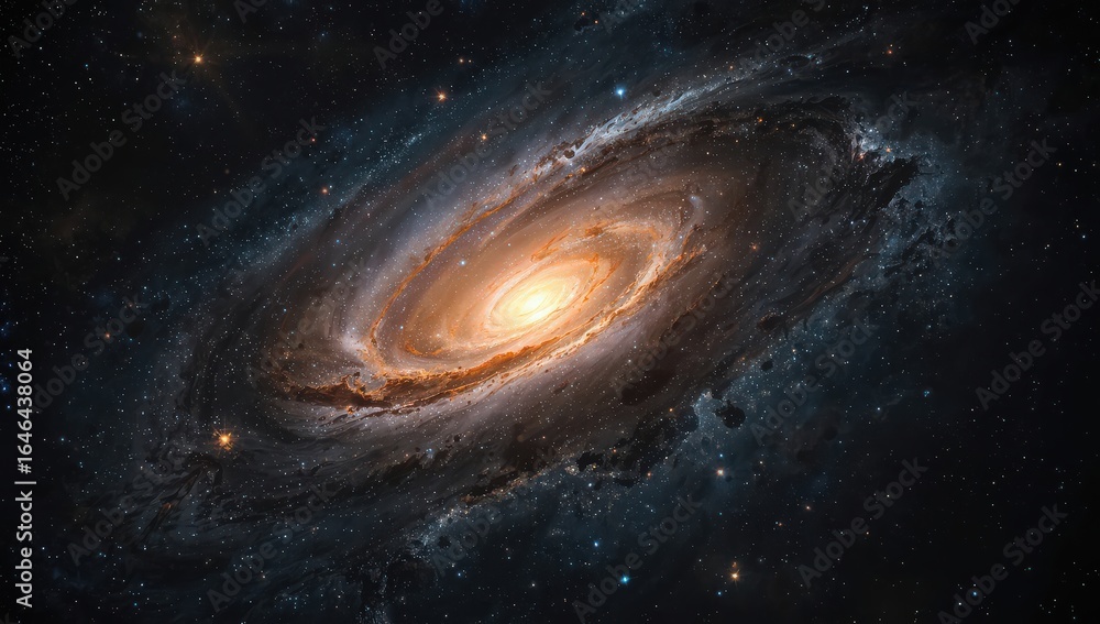 Fototapeta premium A vibrant spiral galaxy with a bright central core surrounded by swirling cosmic dust and gases