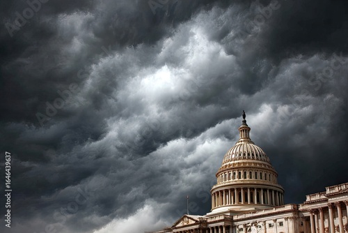 Storm clouds gather over a capitol building