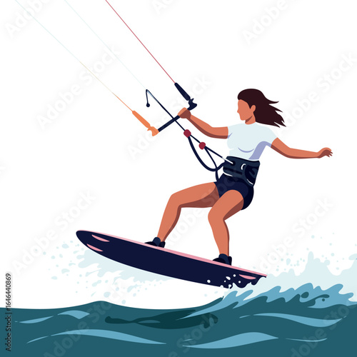 Woman kiteboarding on ocean waves active water sport extreme adventure vector 