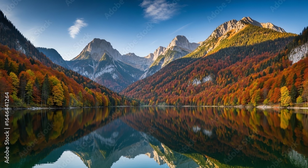 Fototapeta premium Mountain lake reflects autumn forest and peaks