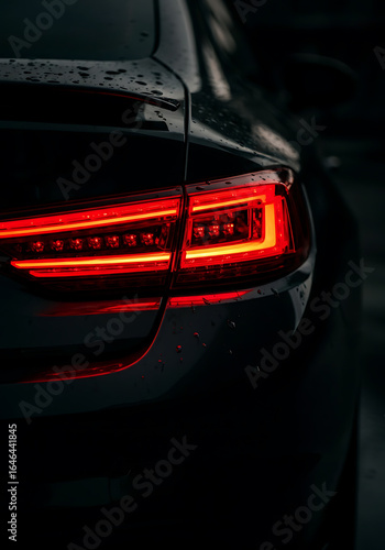 Dark car taillights glowing red in the night.
