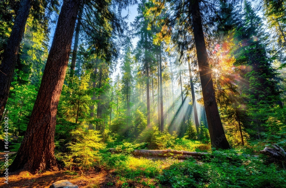 Fototapeta premium Sunlight streams through a dense forest. Sunlight beams through tall trees, illuminating a forest floor covered in vibrant greenery