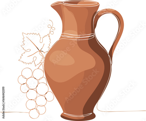 Brown ceramic pitcher with grapevine sketch vector illustration for kitchen decor and beverage serving 