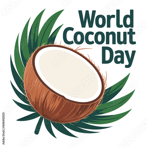 World Coconut Day celebration with half coconut and palm leaves
