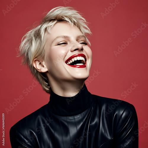 Woman with short blonde hair, laughing, wearing black turtleneck.
