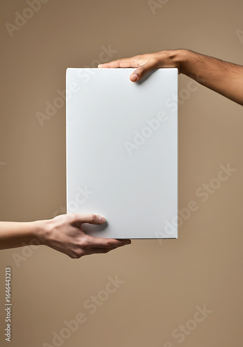 Two hands holding a blank white rectangle.
