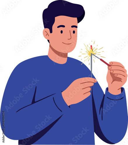 Young man holding sparkler celebration festive bright light joy happiness casual outfit vector illustration 