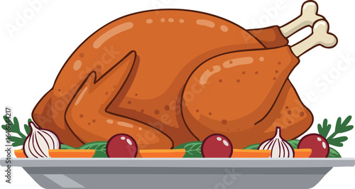 Roasted whole turkey with vegetables on white plate vector illustration for festive meals 
