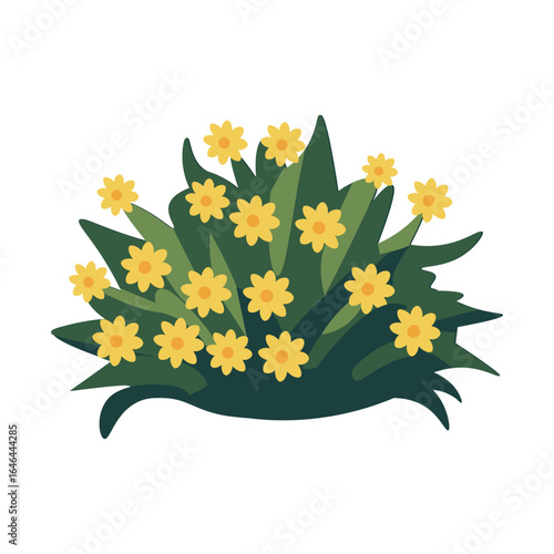 Beautiful green bush with blooming yellow flowers, lush leaves, and dense foliage in a simple flat vector illustration.