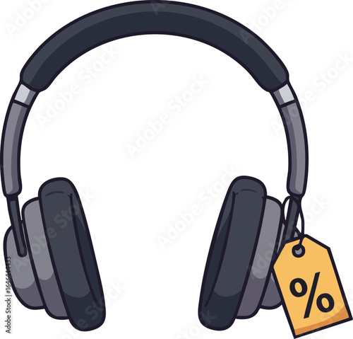 Over-ear headphones with discount tag vector illustration for audio equipment promotion 