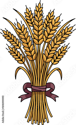 Wheat Sheaf Bundle with Brown Ribbon Vector Illustration in Yellow and Brown Colors 