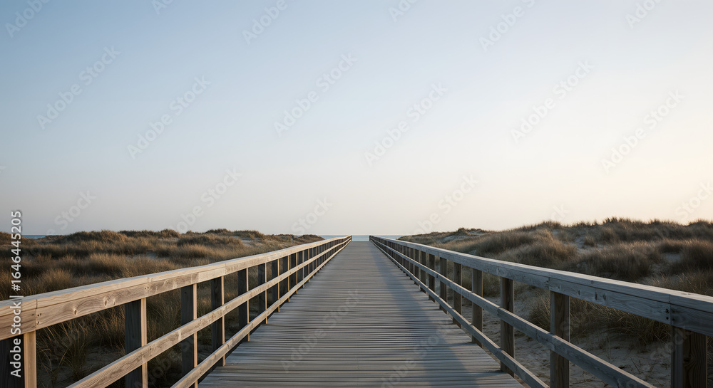Fototapeta premium Coastal Pathway: A scenic view of a wooden boardwalk stretching towards the horizon under a clear, inviting sky, evoking feelings of peace and an invitation to explore.