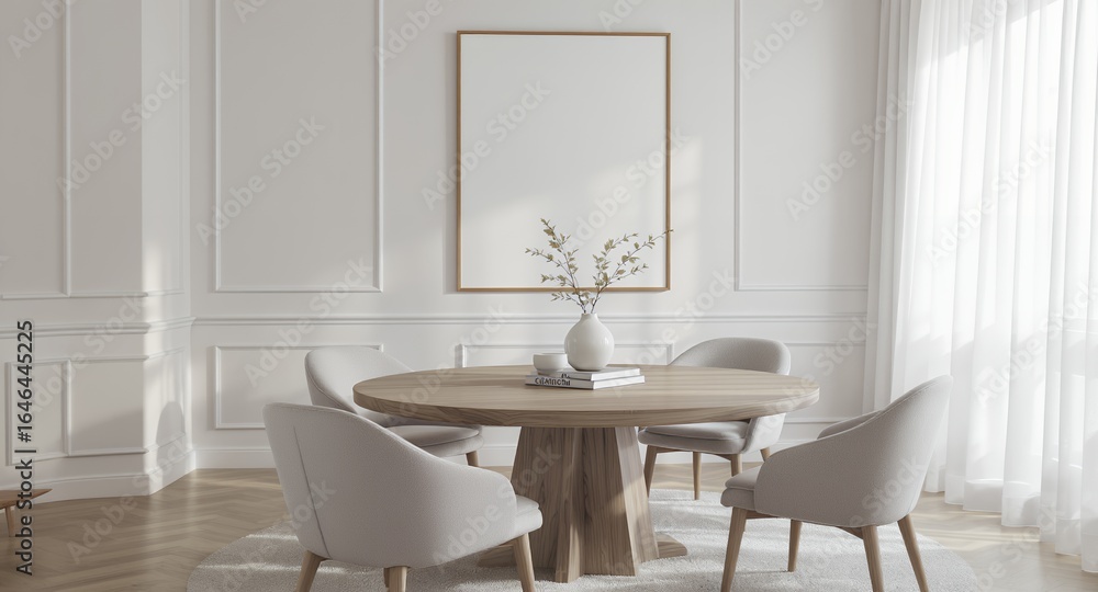 Fototapeta premium Modern Minimalist Dining Room Decor Round Table, Neutral Tones, Wall Art Mockup