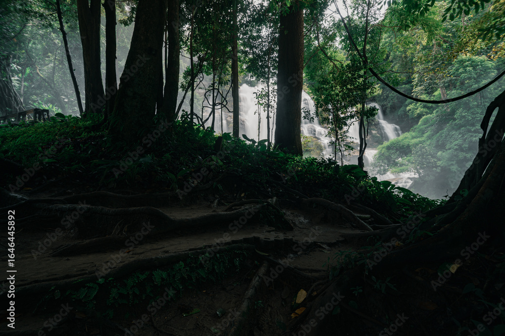 Fototapeta premium Serene Wachiratharn Waterfall in Chiang Mai Surrounded by Lush Greenery