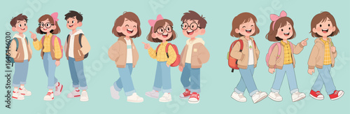 Happy Students Walking and Talking Cartoon Illustration