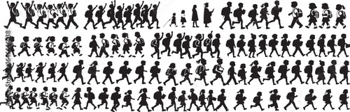 Diverse Silhouettes of Children Walking to School with Backpacks