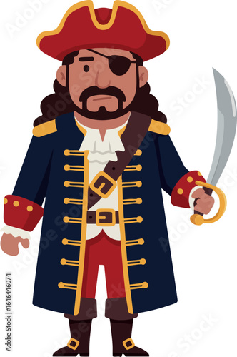 Pirate character with sword and eyepatch in red and blue costume vector illustration 