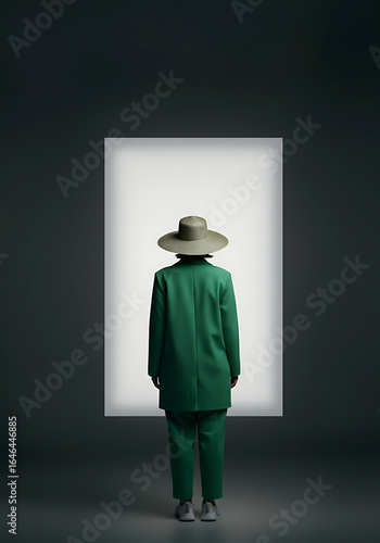 Person in emerald green suit, facing a bright white void.
