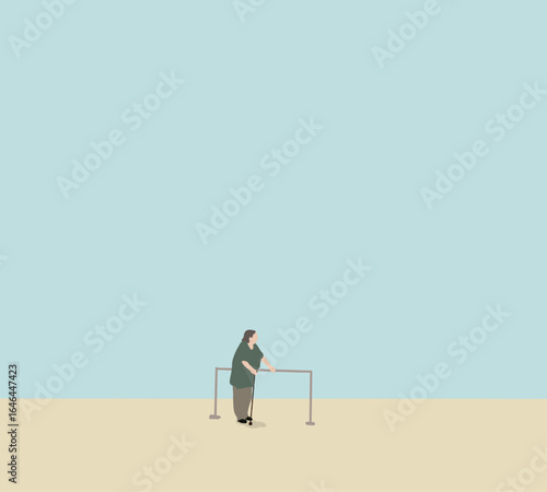 Senior woman with walking cane doing physical rehabilitation in parallel bar. Healthcare for senior or pensioner people.
