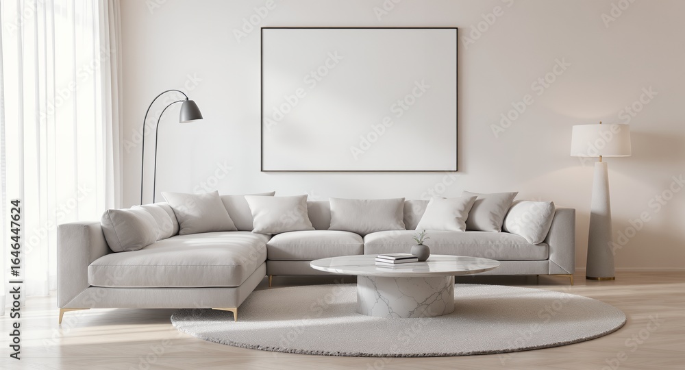 Fototapeta premium Modern Minimalist Living Room Design Large Sofa, Marble Coffee Table Blank Canvas