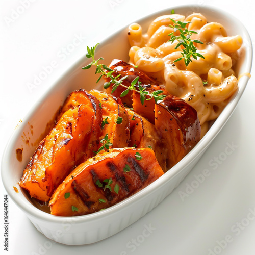 Candied yams and macaroni combo portion, neat soul food serving, styled cleanly on white