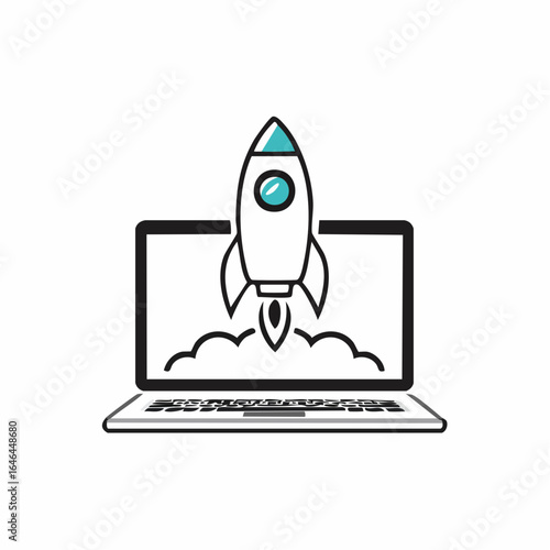Illustration of a laptop with a rocket launching from the screen, symbolizing startup growth and technology innovation