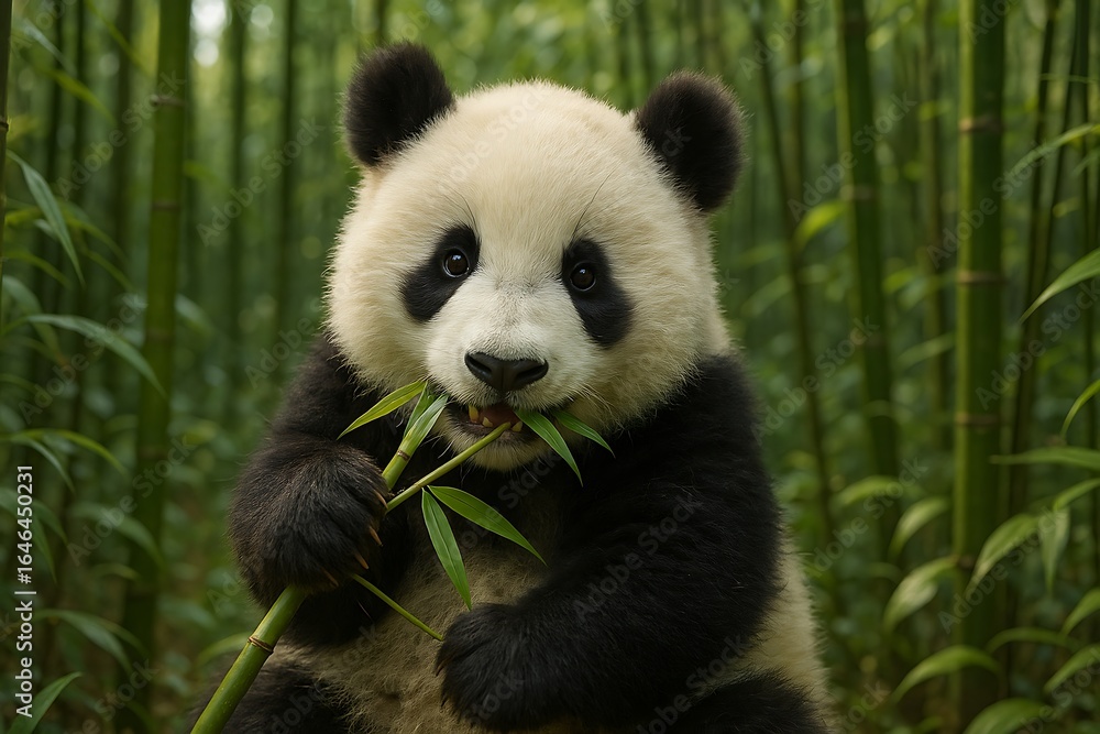 Naklejka premium Adorable panda cub eating bamboo in a lush bamboo forest.