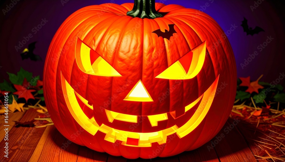 Fototapeta premium Lit Jack O'Lantern on Wooden Surface