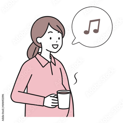 Smiling Asian woman holding a mug imagines the sound of music on a transparent background