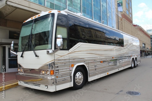 Large, cream-colored motor coach,  modern design,  city backdrop