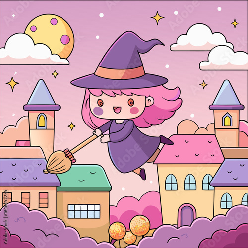 little witch with pink hair flying on a broomstick